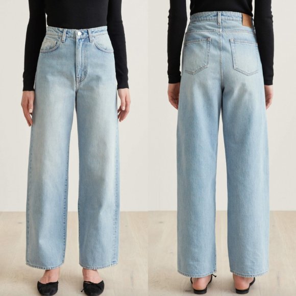 Toteme Denim - Toteme light blue wash Flair Flare wide leg high waisted rise rigid denim jeans